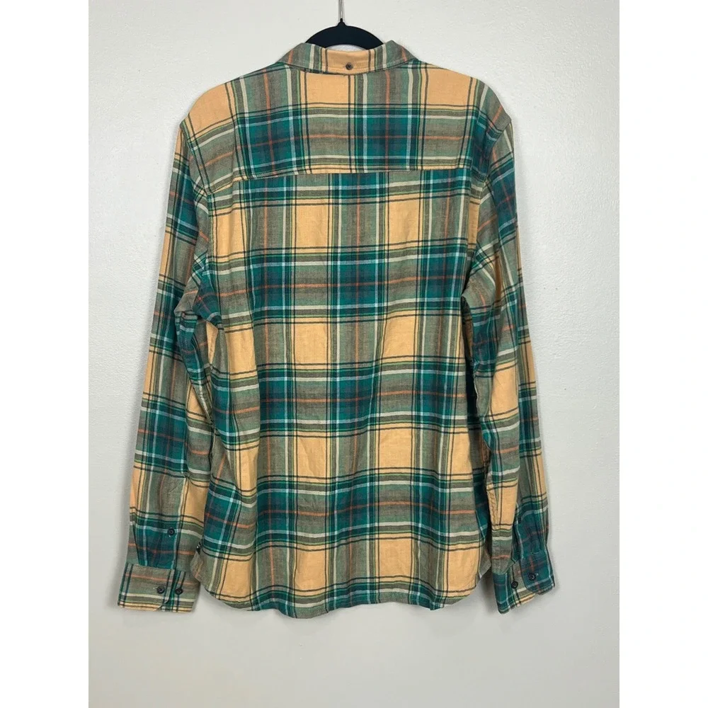 Toad&Co Mens Large Plaid Flannel Shirt Yellow Green Recycled Cotton Blend L/S